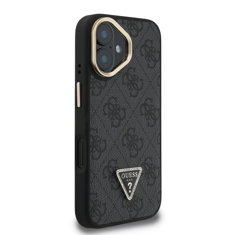 Guess PU 4G Strass Triangle Logo Stand Camera Frame MagSafe Zadný Kryt pre iPhone 16 Black