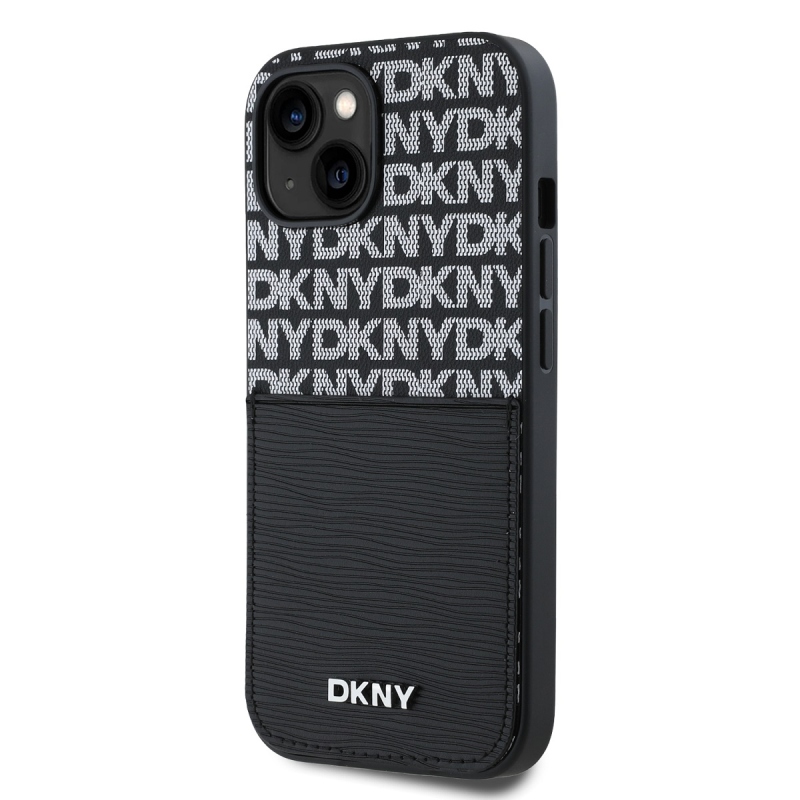 DKNY PU Leather Repeat Pattern Card Pocket Zadný Kryt pre iPhone 14 Black