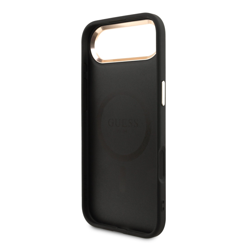 Guess PU kožený 4G štrasové trojuholníkové logo Gold Frame MagSafe zadný kryt pre iPhone Air Black