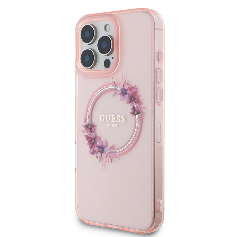 Guess IML Flowers Ring MagSafe Zadný Kryt pre iPhone 16 Pro Pink