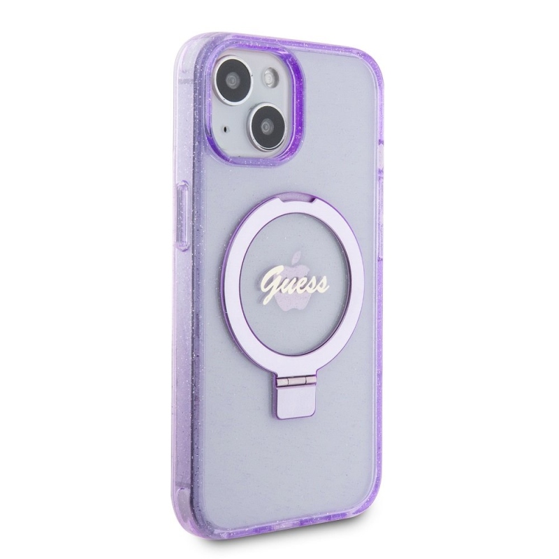 Guess IML Ring Stand Glitter MagSafe Zadný Kryt pre iPhone 15 Plus Purple