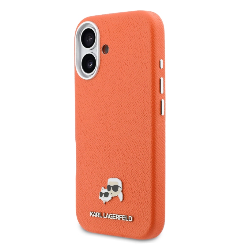 Karl Lagerfeld PU Karl and Choupette Heads Pins MagSafe Back Cover pre iPhone 17 Orange