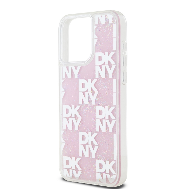 DKNY Liquid Glitter Checkered Pattern Zadný Kryt pre iPhone 15 Pro Max Pink