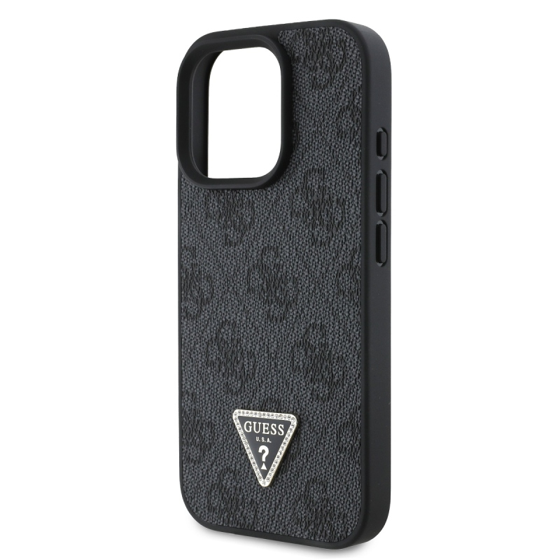 Guess PU 4G Strass Triangle Metal Logo Zadný Kryt pre iPhone 16 Pro Black