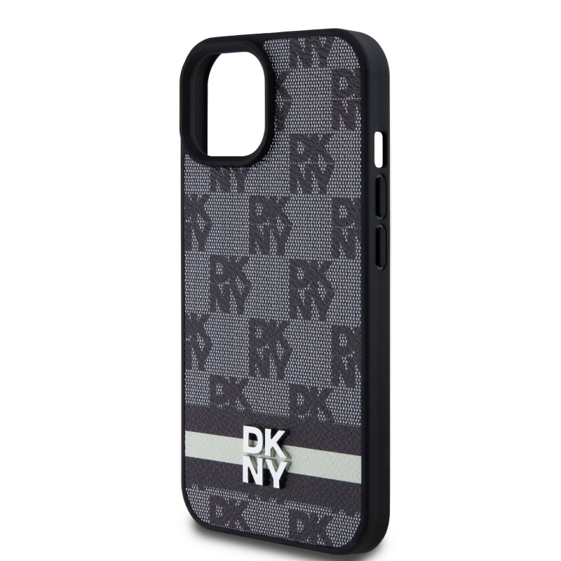 DKNY PU Leather Checkered Pattern and Stripe Zadný Kryt pre iPhone 15 Black