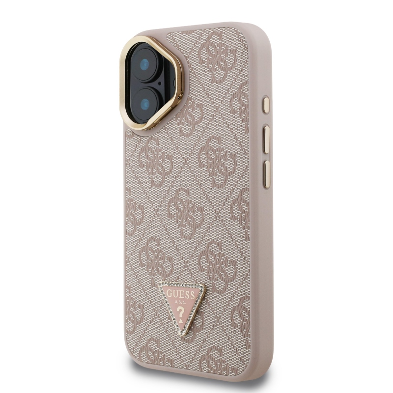 Guess PU 4G Strass Triangle Logo Stand Camera Frame MagSafe Zadný Kryt pre iPhone 16 Pink