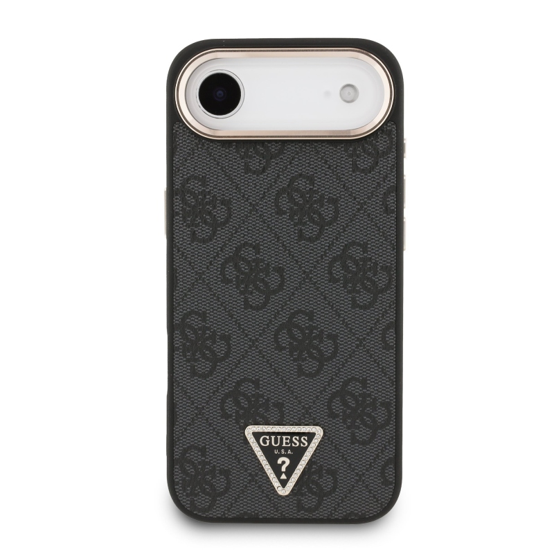 Guess PU kožený 4G štrasové trojuholníkové logo Gold Frame MagSafe zadný kryt pre iPhone Air Black