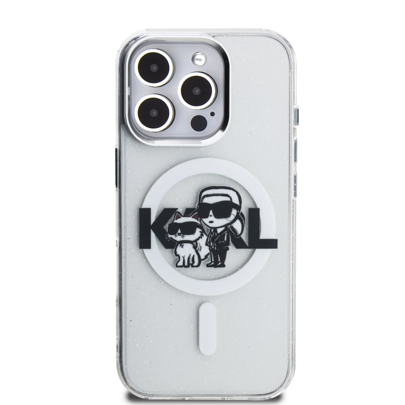 Karl Lagerfeld IML Glitter Karl and Choupette Sketch MagSafe Zadný Kryt pre iPhone 16 Pro Transparent