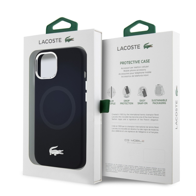 Lacoste Liquid Silicone Microfiber Silver Croc Logo MagSafe Zadný Kryt pre iPhone 15 Black