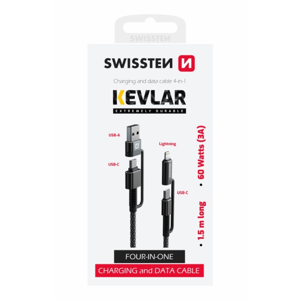 Swissten dátový kábel Kevlar 4v1 3A 1,5m - antracitový