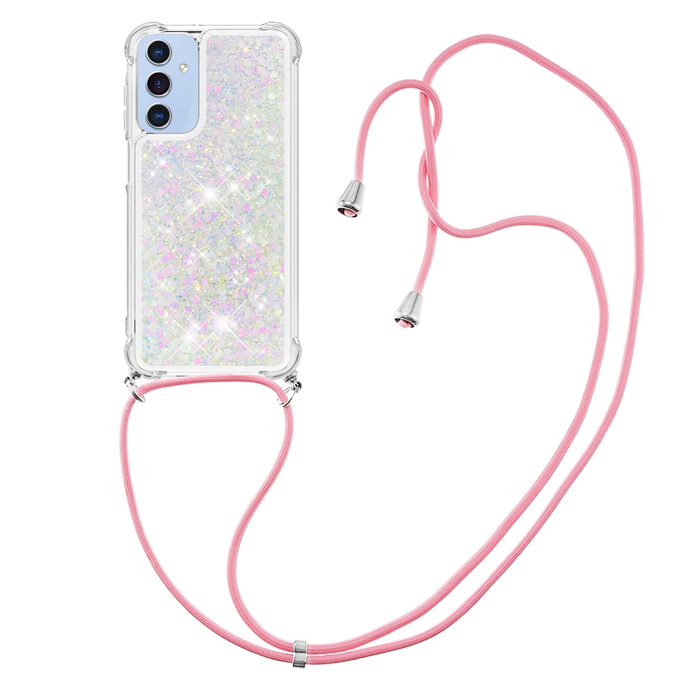 Glitters presýpacie gélový obal so šnúrkou na Samsung Galaxy A17 5G - ružovo strieborný/srdiečka