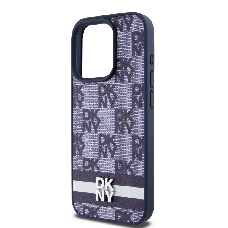 DKNY PU Leather Checkered Pattern and Stripe Zadný Kryt pre iPhone 15 Pro Max Blue