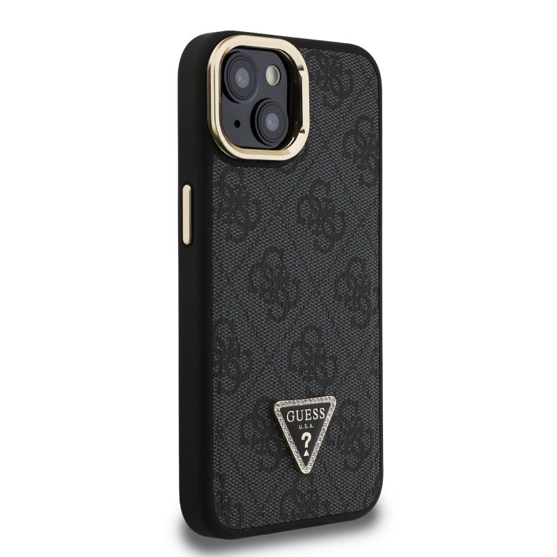 Guess PU 4G Strass Triangle Logo Stand Camera Frame MagSafe Zadný Kryt pre iPhone 14 Black