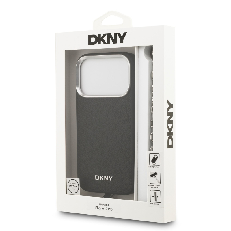 DKNY PU kožený kovový kryt s logom na zápästie MagSafe Back Cover pre iPhone 17 Pro Black