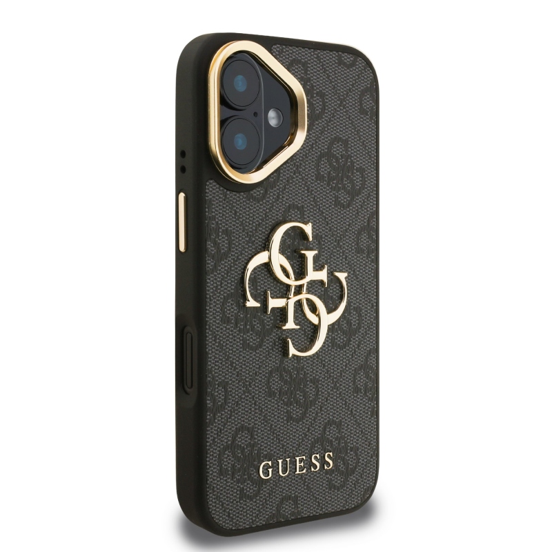 Guess PU 4G Metal Logo Stand Camera Frame Zadný Kryt pre iPhone 16 Black