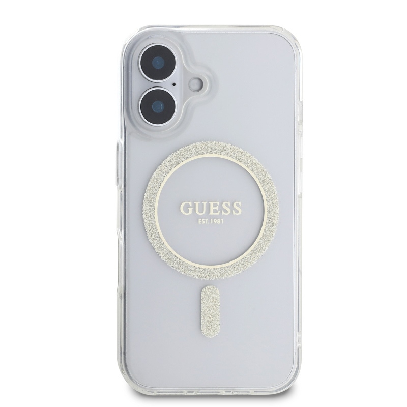 Guess IML Glitter Ring MagSafe Zadný Kryt pre iPhone 16 Transparent