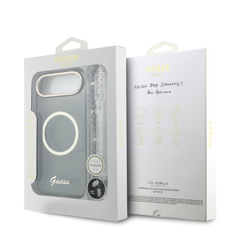 Guess IML Glitter Script Strap Zadný kryt MagSafe pre iPhone Air Black