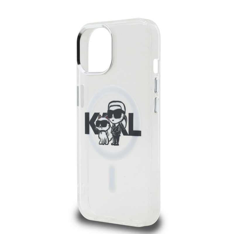 Karl Lagerfeld IML Glitter Karl and Choupette Sketch MagSafe Zadný Kryt pre iPhone 15 Transparent