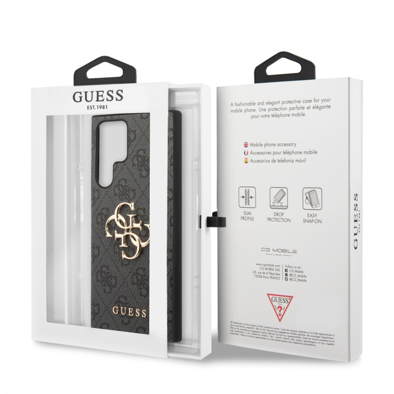 Guess PU 4G Metal Logo Zadný Kryt pre Samsung Galaxy S24 Ultra Grey