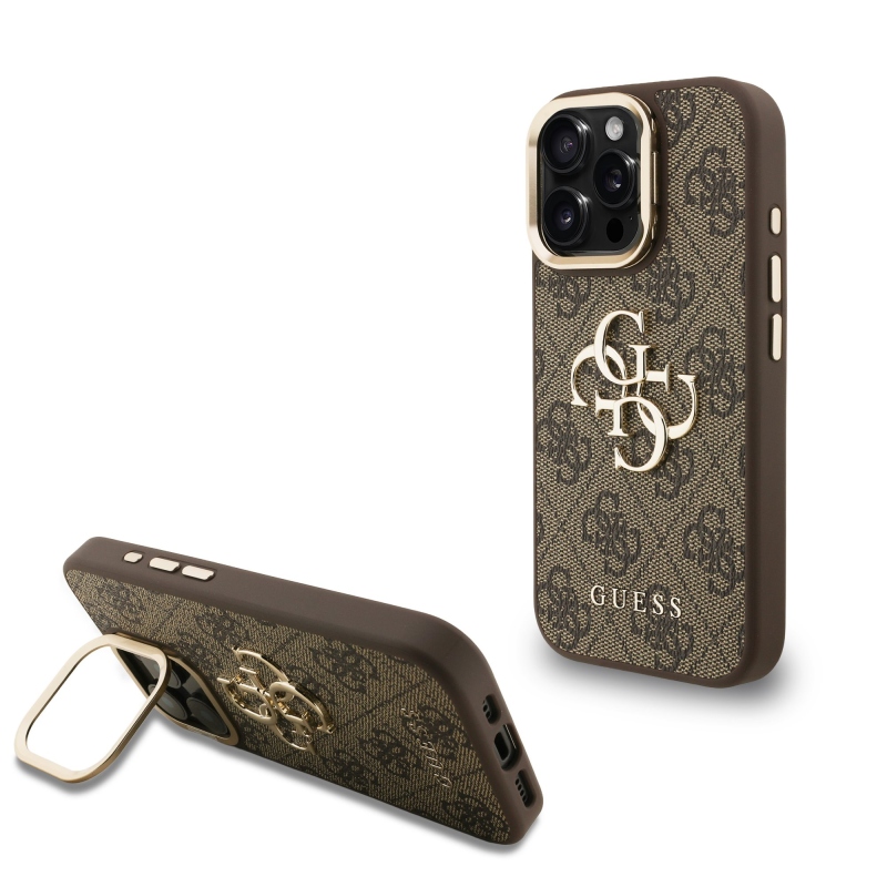 Guess PU 4G Metal Logo Stand Camera Frame Zadný Kryt pre iPhone 16 Pro Brown
