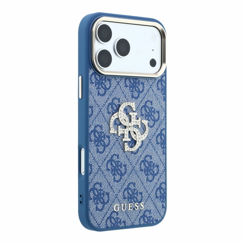 Guess PU 4G Strass Metal Logo Zadný kryt pre iPhone 18 Pro, modrý