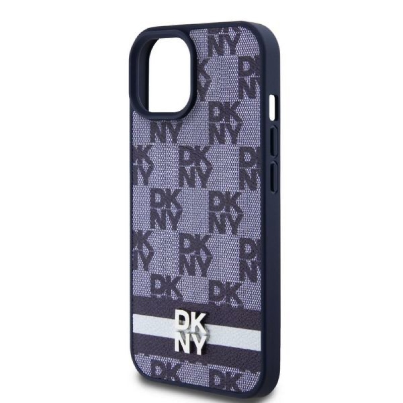 DKNY PU Leather Checkered Pattern and Stripe Zadný Kryt pre iPhone 15 Blue