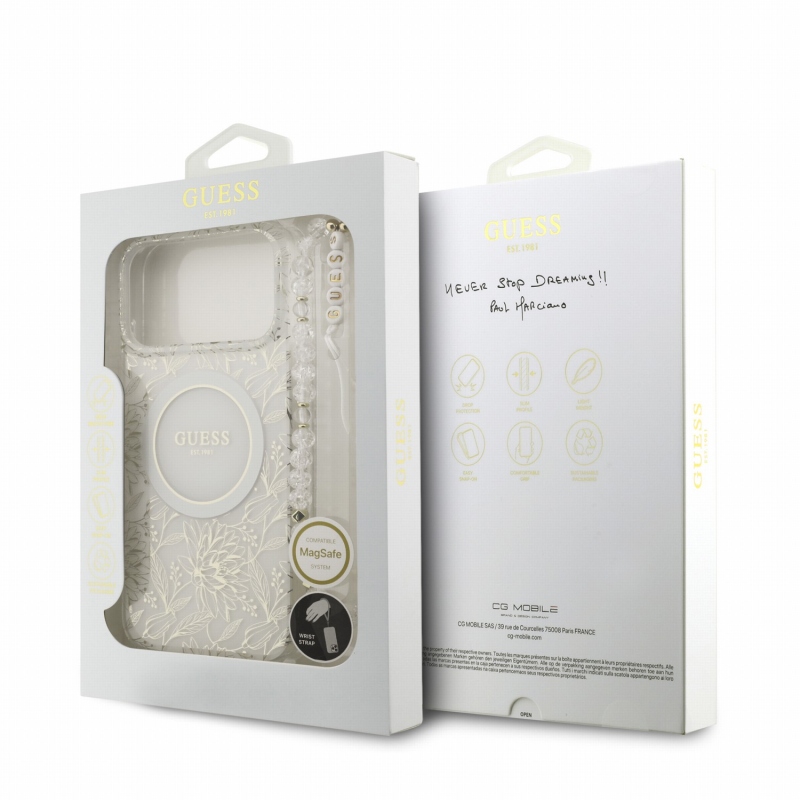 Guess IML Flowers Allover Strap MagSafe zadný kryt pre iPhone 18 Pro Max, biely