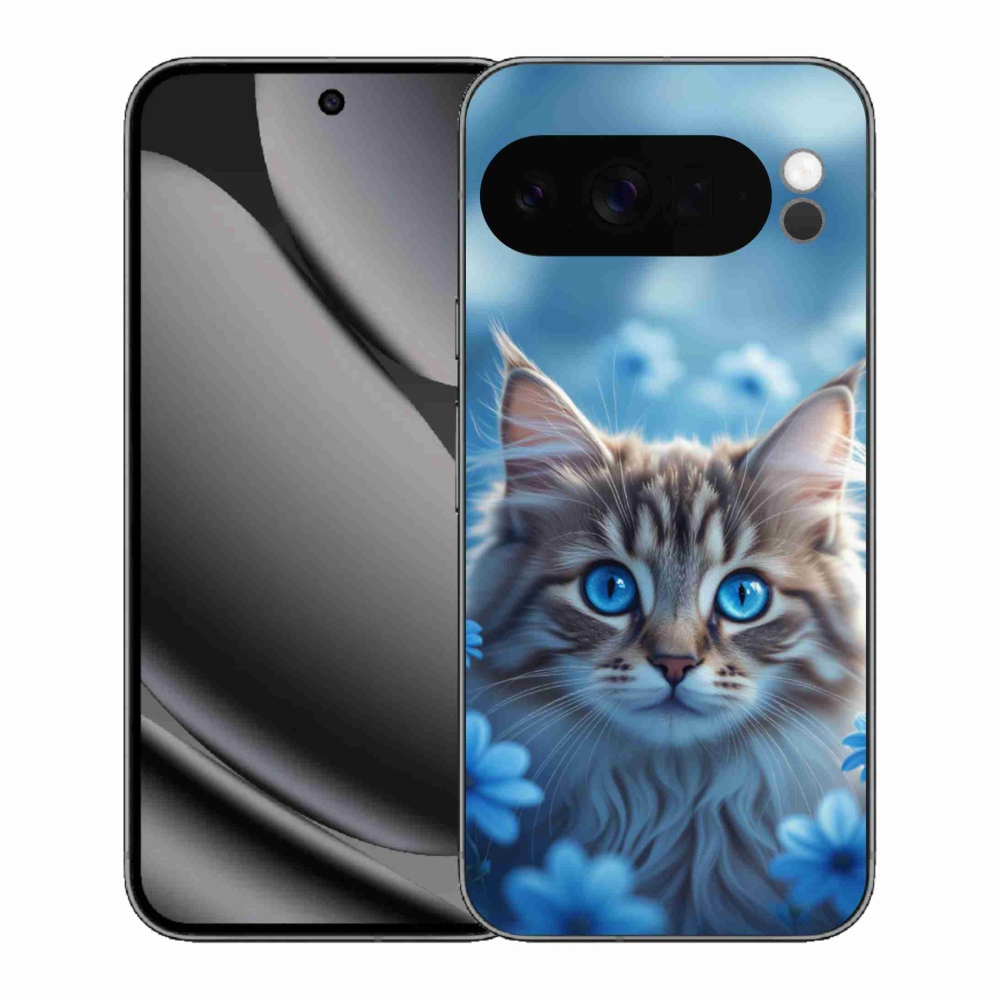 Gélový kryt mmCase na Google Pixel 10 Pro XL - mačiatko v modrých kvetoch