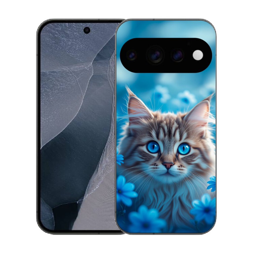 Gélový kryt mmCase na Google Pixel 11 Pro - mačiatko v modrých kvetoch