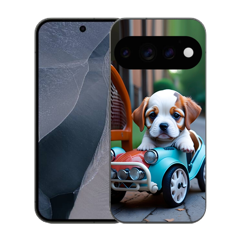 Gélový kryt mmCase na Google Pixel 11 Pro - šteňa v retro aute