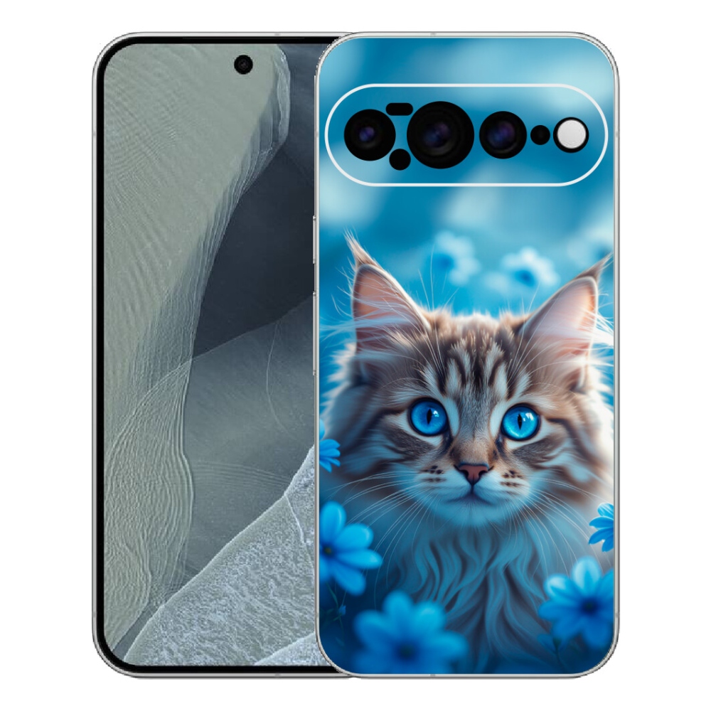 Gélový kryt mmCase na Google Pixel 11 Pro XL - mačiatko v modrých kvetoch