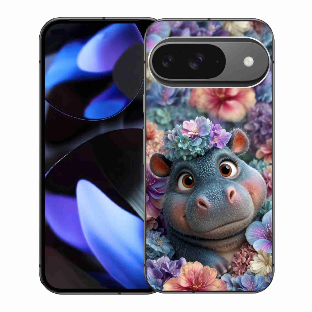 Gélový kryt mmCase na Google Pixel 9 - hrošík v kvetoch