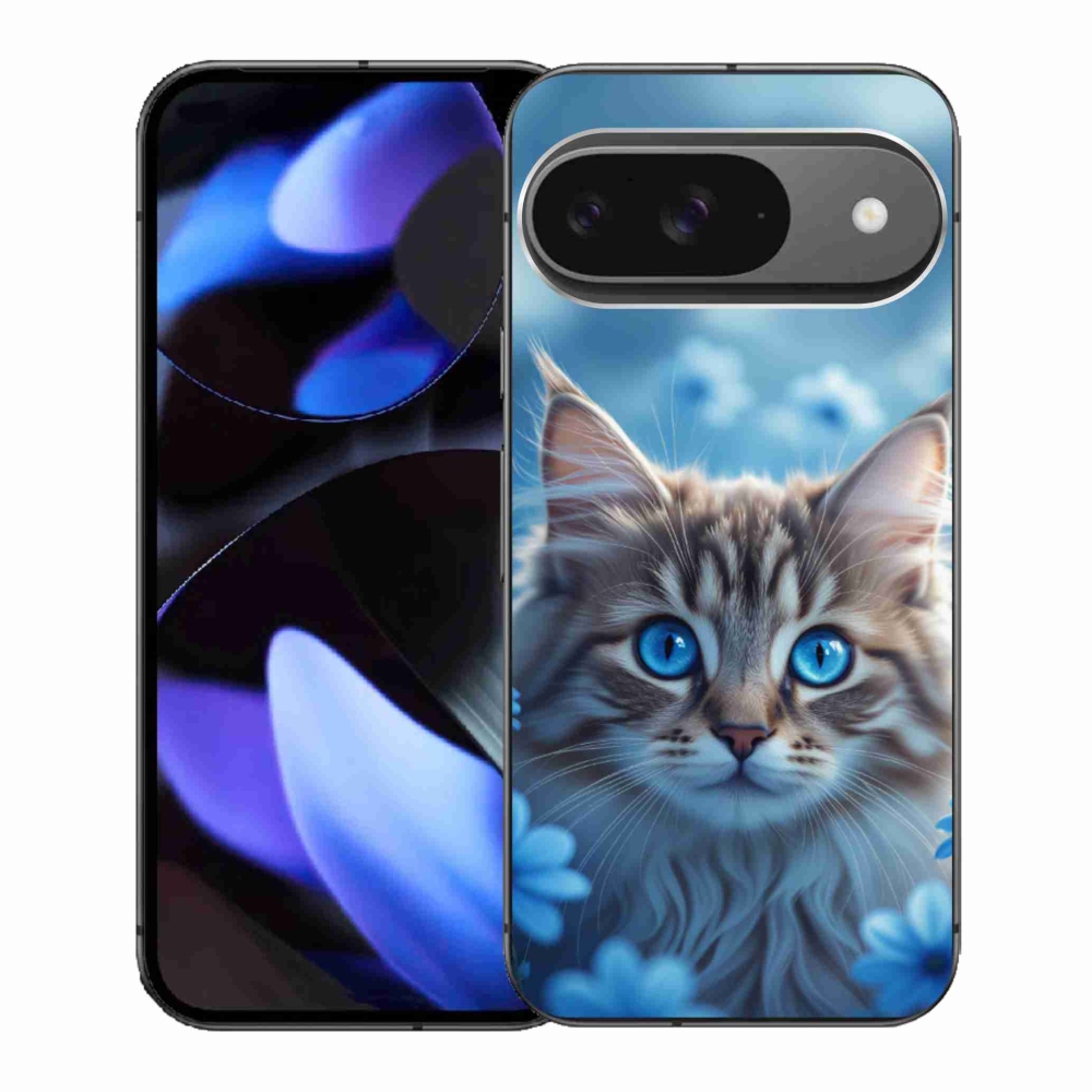 Gélový kryt mmCase na Google Pixel 9 - mačiatko v modrých kvetoch