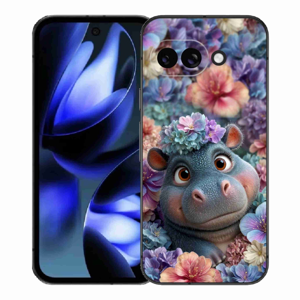 Gélový kryt mmCase na Google Pixel 9a - hrošík v kvetoch
