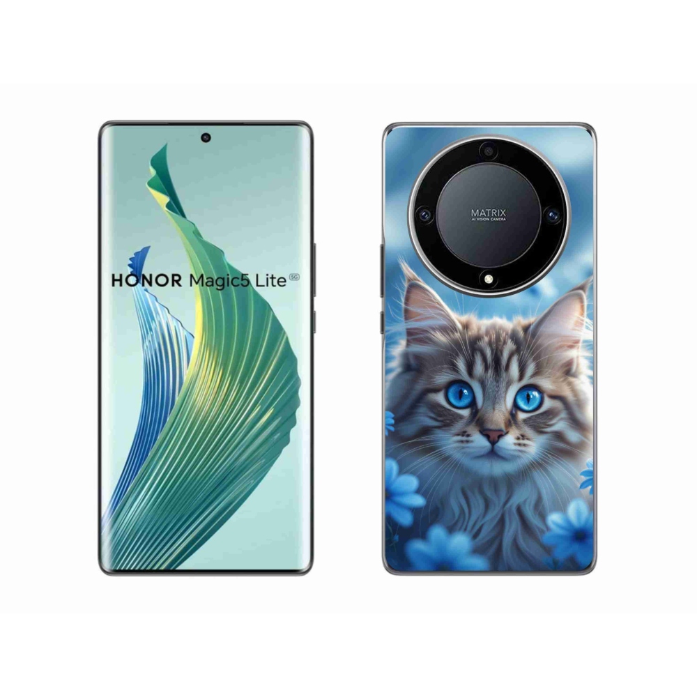 Gélový kryt mmCase na Honor Magic 5 Lite - mačiatko v modrých kvetoch