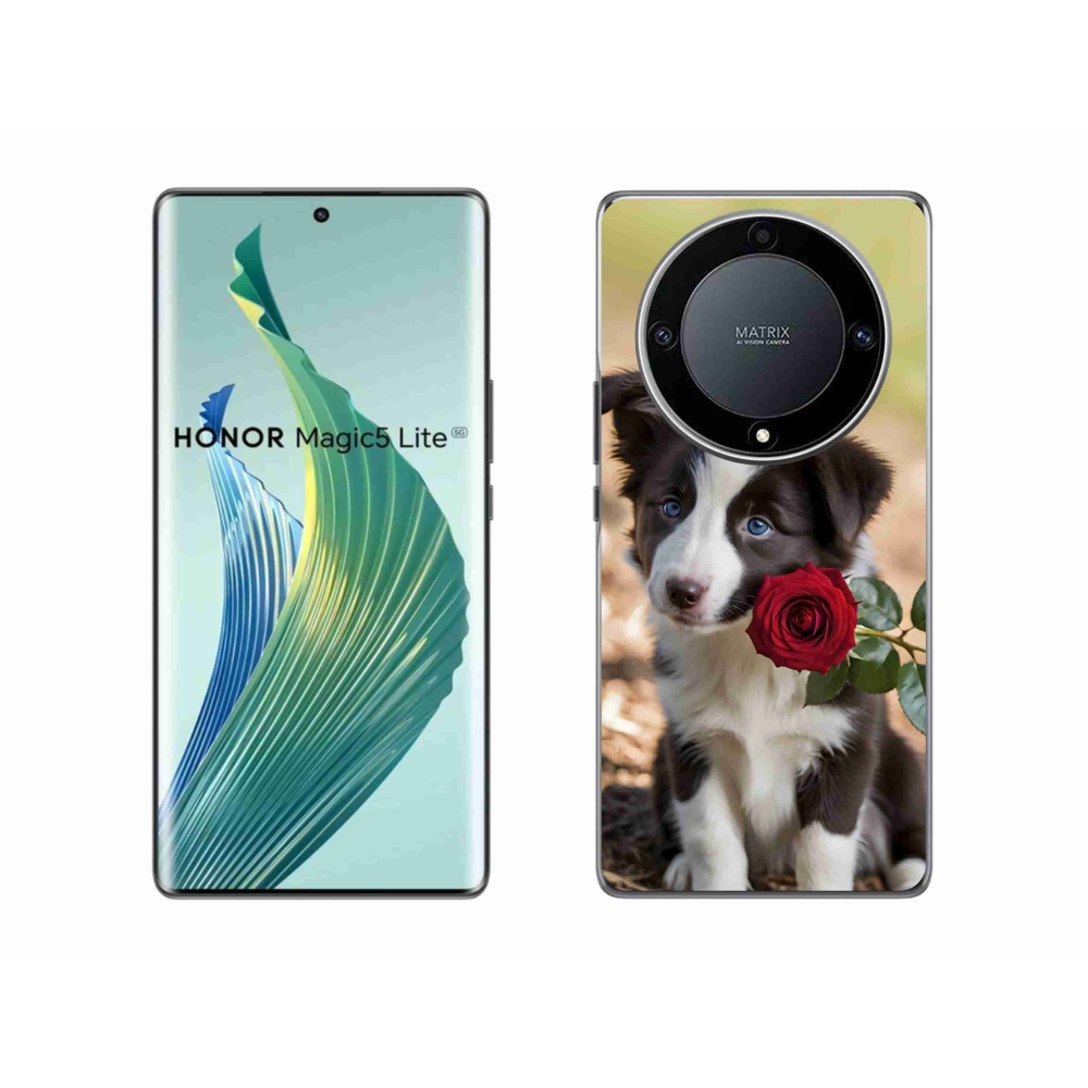 Gélový kryt mmCase na Honor Magic 5 Lite - roztomilá border kólia s ružou
