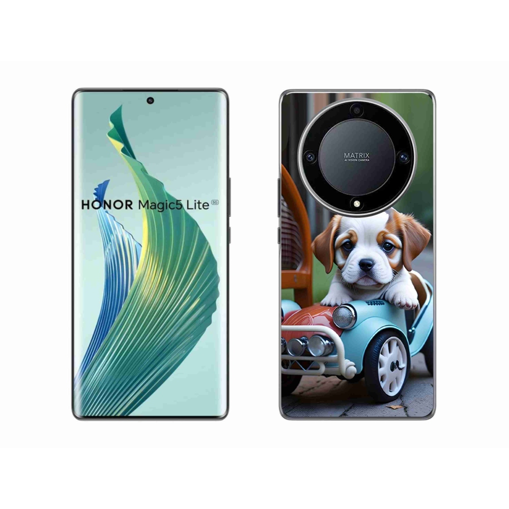 Gélový kryt mmCase na Honor Magic 5 Lite - šteňa v retro aute