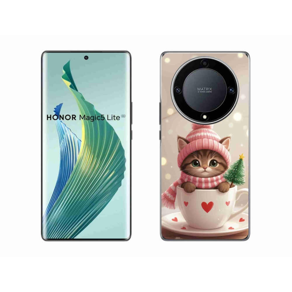 Gélový kryt mmCase na Honor Magic 5 Lite - vianočné mačiatko v hrnčeku