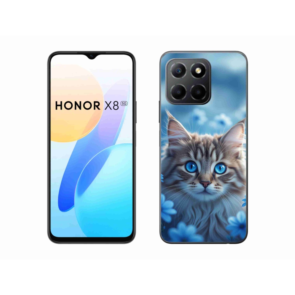 Gélový kryt mmCase na Honor X8 5G/Honor 70 Lite - mačiatko v modrých kvetoch
