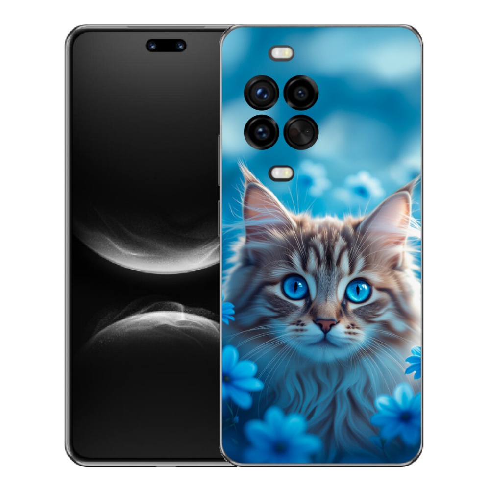 Gélový kryt mmCase na Huawei Nova 14 Pro - mačiatko v modrých kvetoch