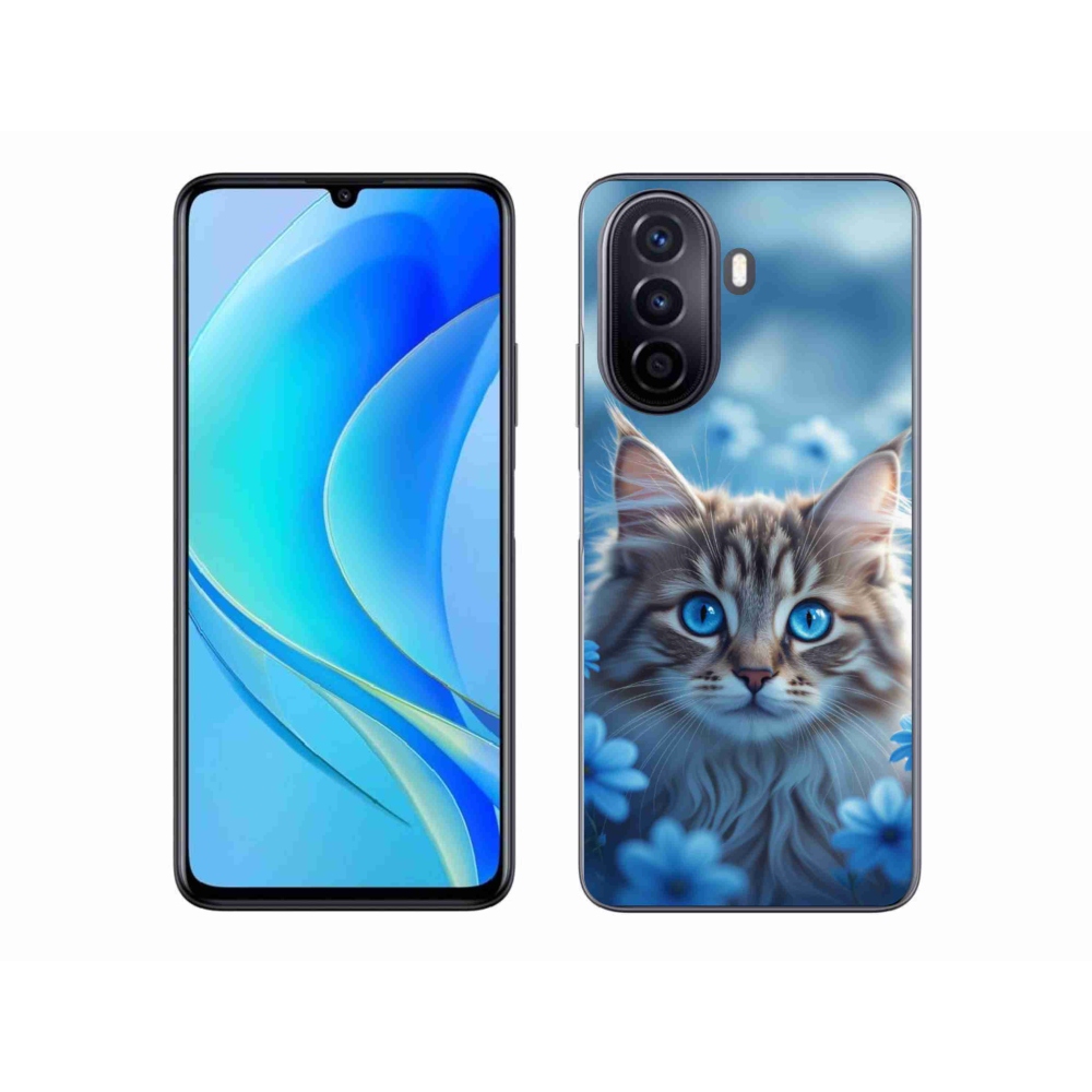 Gélový kryt mmCase na Huawei Nova Y70 - mačiatko v modrých kvetoch