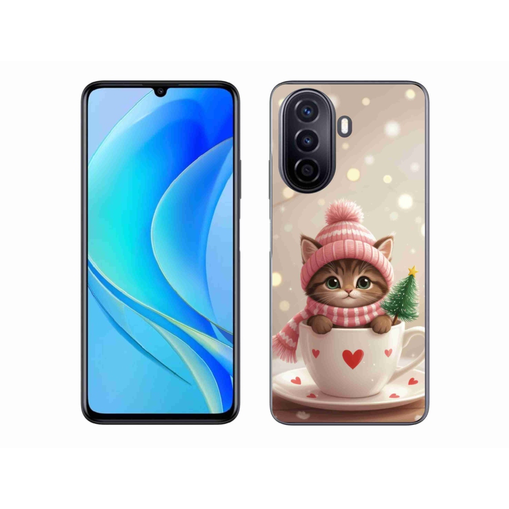 Gélový kryt mmCase na Huawei Nova Y70 - vianočné mačiatko v hrnčeku