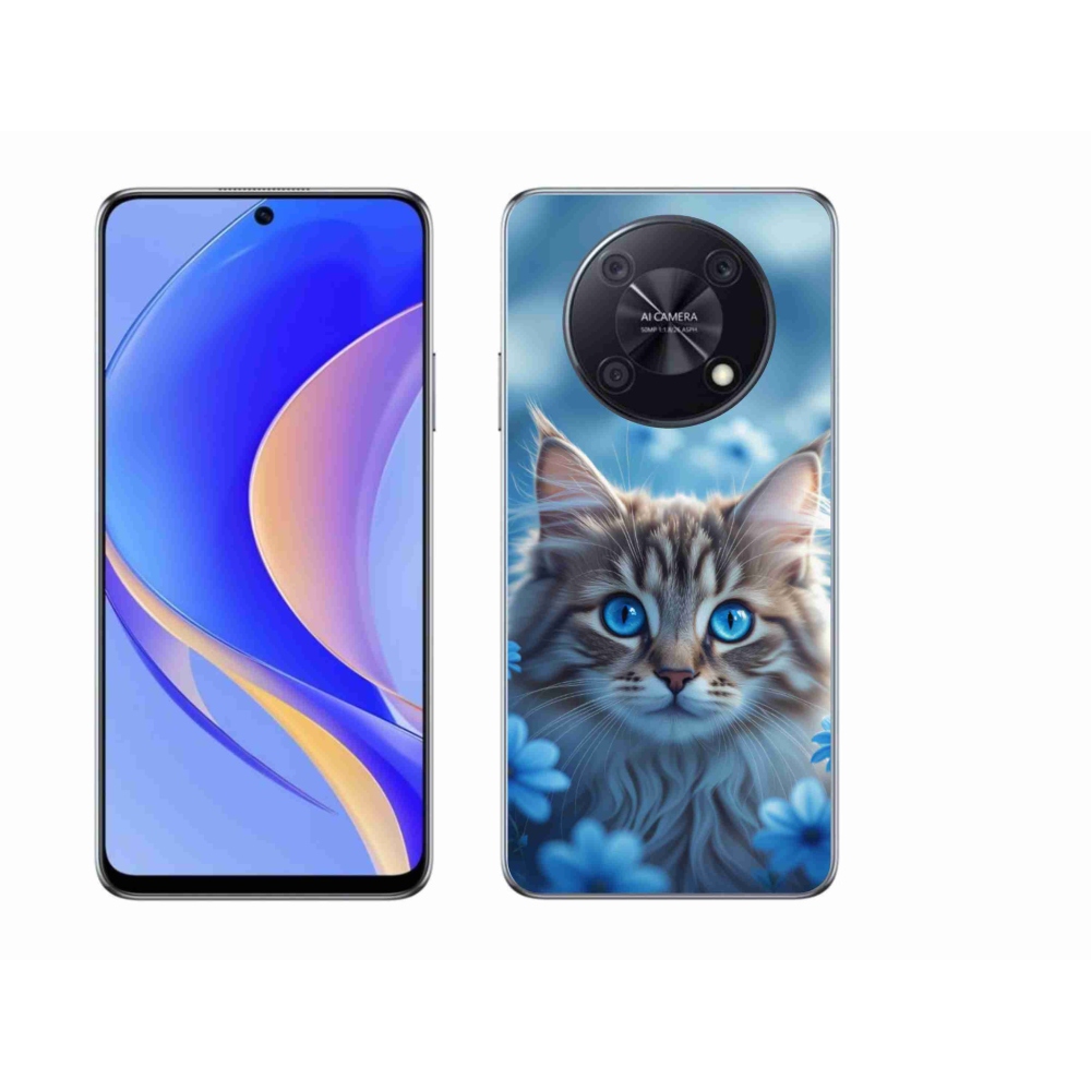 Gélový kryt mmCase na Huawei Nova Y90 - mačiatko v modrých kvetoch