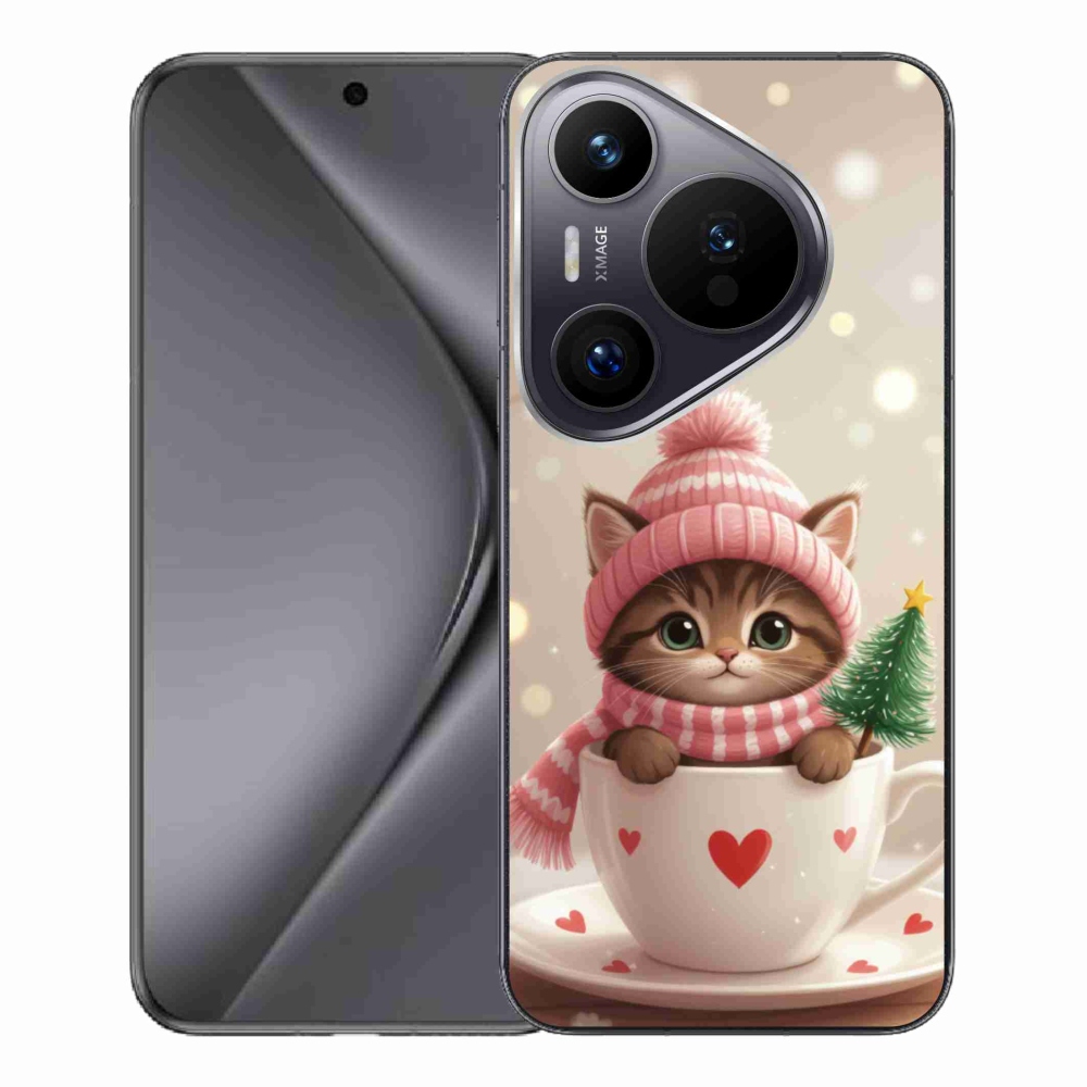 Gélový kryt mmCase na Huawei Pura 70 Pro - vianočné mačiatko v hrnčeku