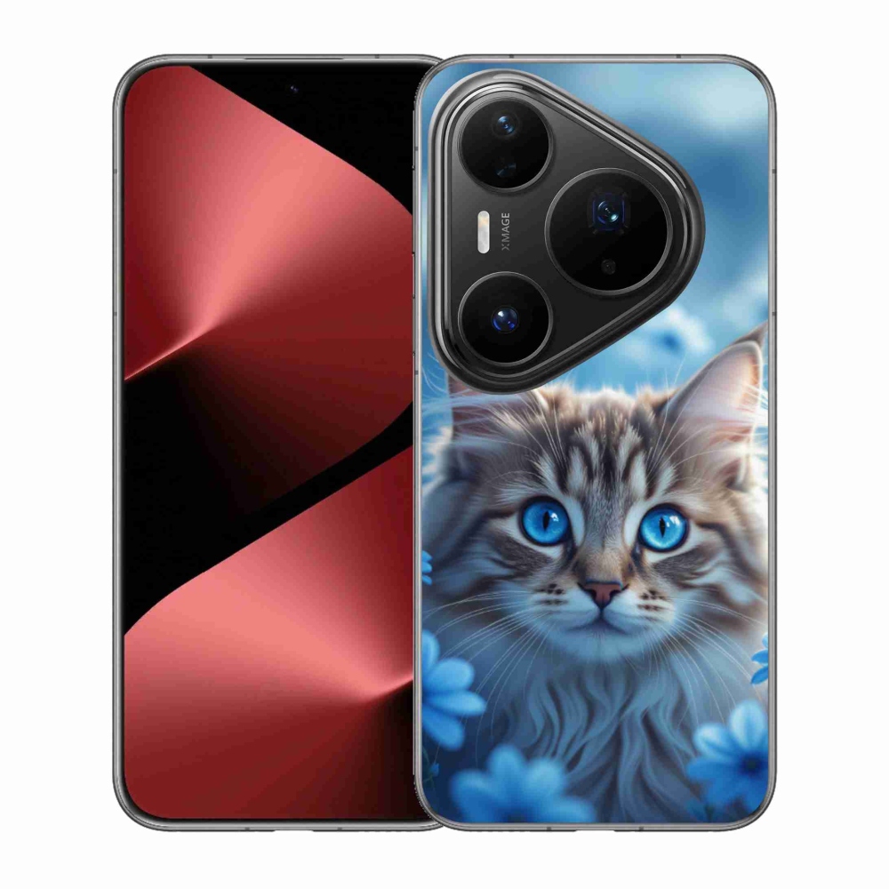 Gélový kryt mmCase na Huawei Pura 80 Pro - mačiatko v modrých kvetoch