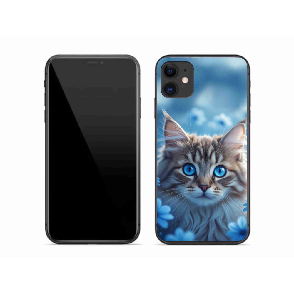 Gélový kryt mmCase na iPhone 11 - mačiatko v modrých kvetoch