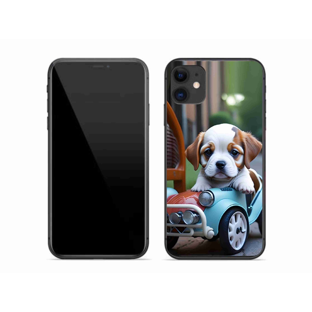 Gélový kryt mmCase na iPhone 11 - šteňa v retro aute
