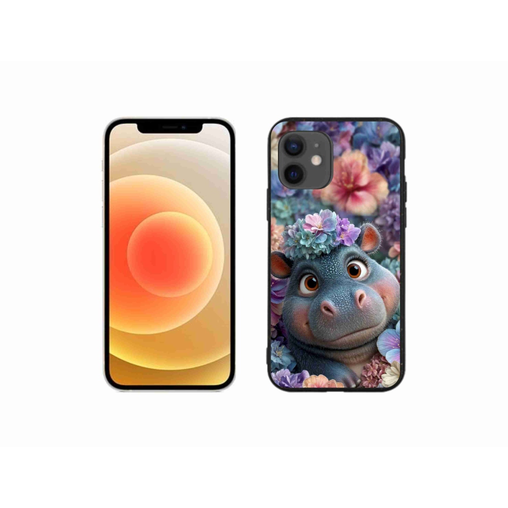 Gélový kryt mmCase na iPhone 12 Mini - hrošík v kvetoch