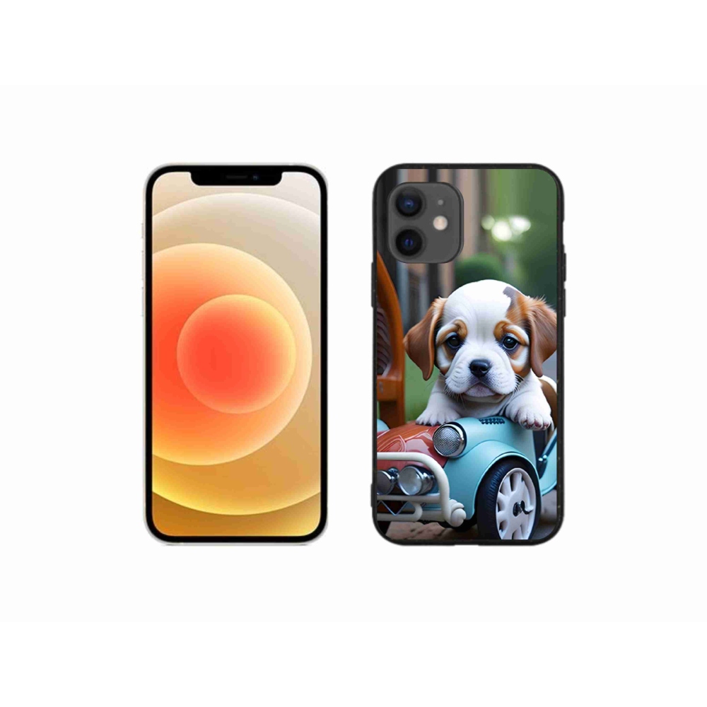 Gélový kryt mmCase na iPhone 12 Mini - šteňa v retro aute