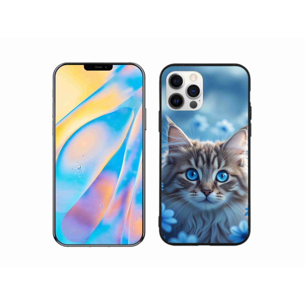 Gélový kryt mmCase na iPhone 12 Pro - mačiatko v modrých kvetoch